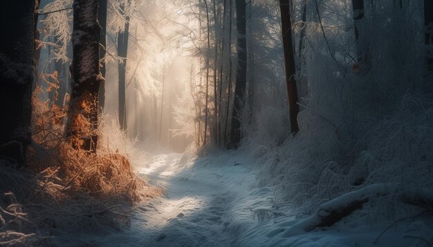 Mysterious forest in winter tranquil beauty revealed generated by AI