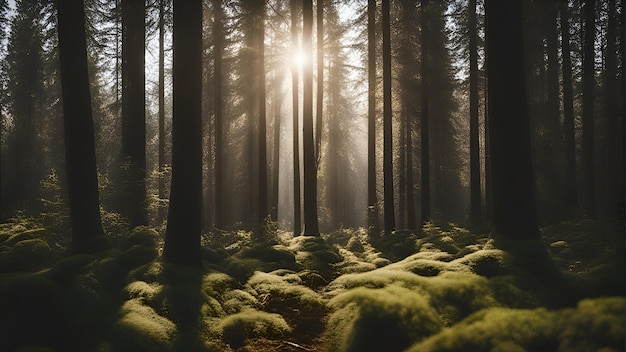 Foto gratuita foresta misteriosa con nebbia e raggi solari rendering 3d