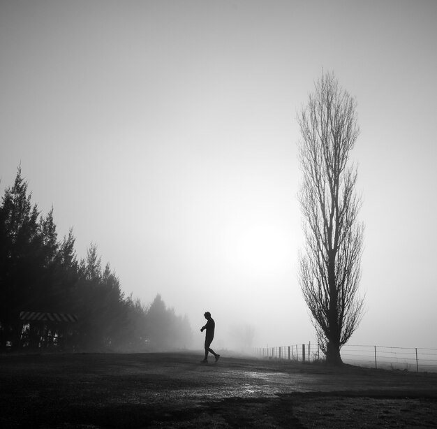 Mysterious greyscale shot of a male walking in a foggy scary field