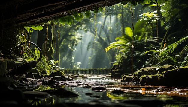 Free photo mysterious tropical rainforest wet ferns flowing water generated by artificial intelligence