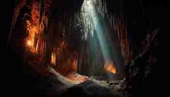 Free photo mysterious underground cave illuminated by spooky flames generated by ai