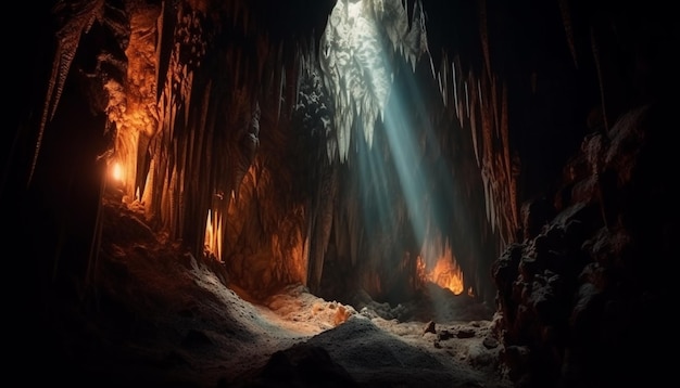 Mysterious underground cave illuminated by spooky flames generated by AI