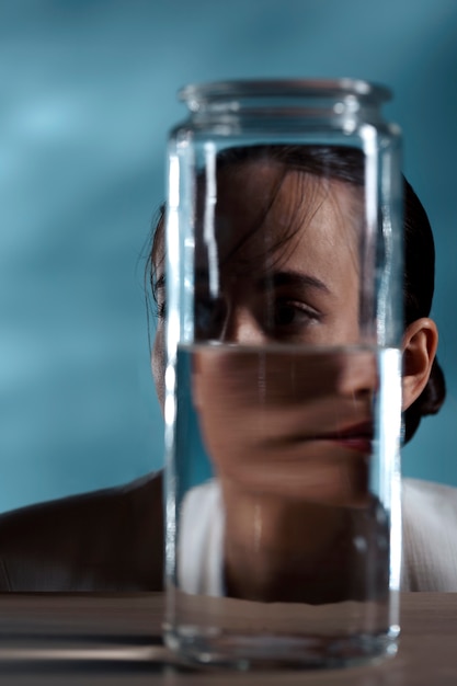 Mysterious woman posing behind jar front view