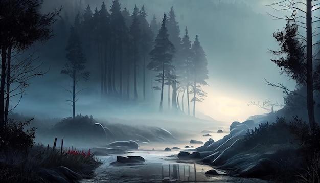 秋の神秘的な森の風景 静謐な情景 ジェネレーティブ AI