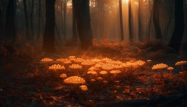 Загадка природы темного леса, светящегося грибка, созданного ИИ
