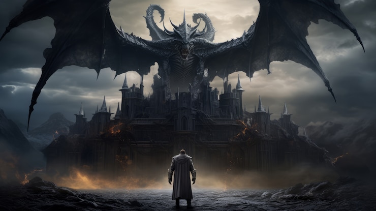 Free Photo mythical video game inspired landscape with castle and dragon