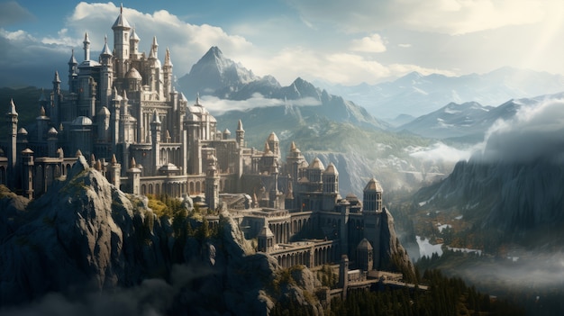 Бесплатное фото Мифическая видеоигра, вдохновленная пейзажем с замком