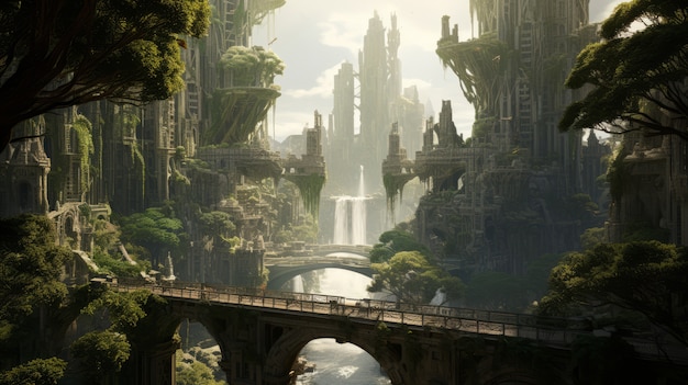 Mythical video game inspired landscape with city