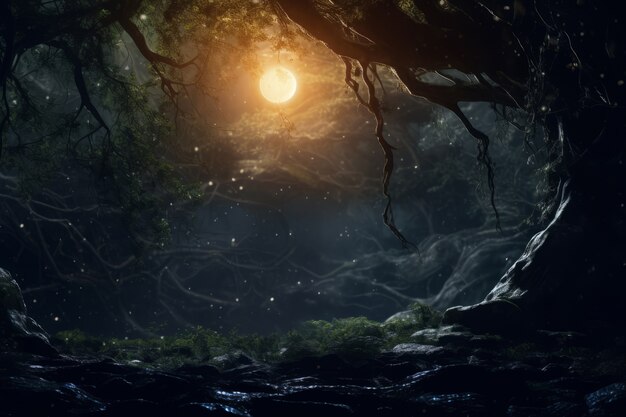 神話的なビデオゲームにインスパイアされた 暗い森の風景