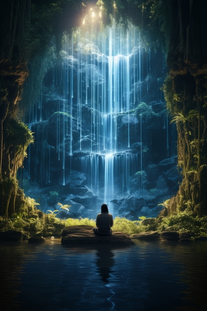 Mythical video game inspired landscape with human and waterfall