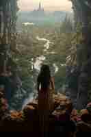 Бесплатное фото Мифическая видеоигра, вдохновленная пейзажем с человеком
