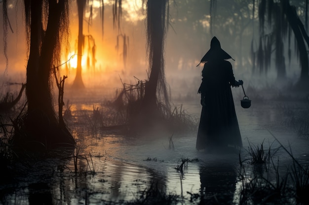 Free photo mythical video game inspired landscape with person and swamp