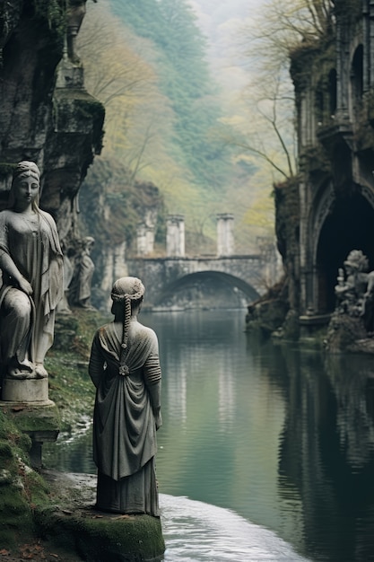 Free photo mythical video game inspired landscape with statue and river