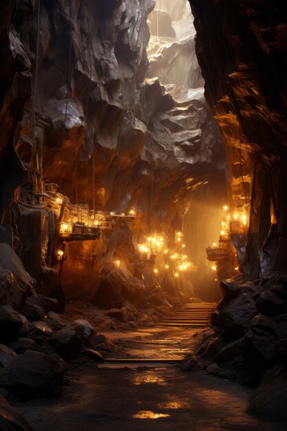 Mythical video game inspired landscape with underground city