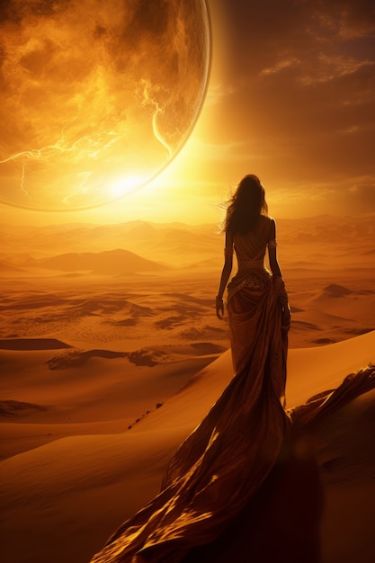 Mythical video game inspired landscape with woman in the desert