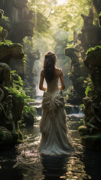 mythical video game inspired landscape with woman in nature