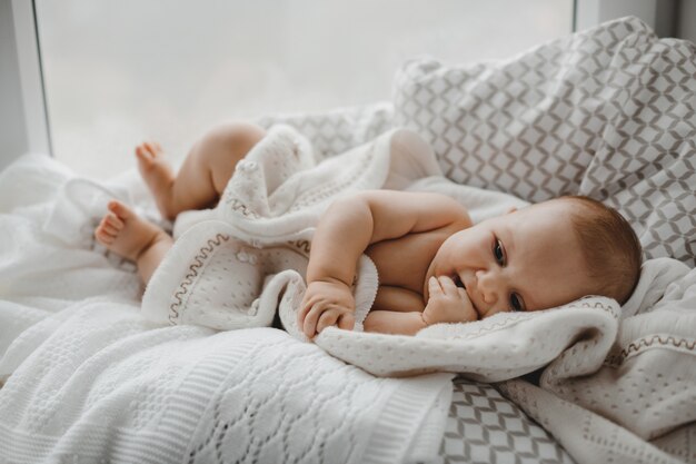 Naked newborn boy lies on the soft blanket before a bright window