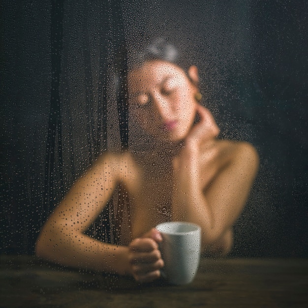 Donna nuda in posa con la tazza