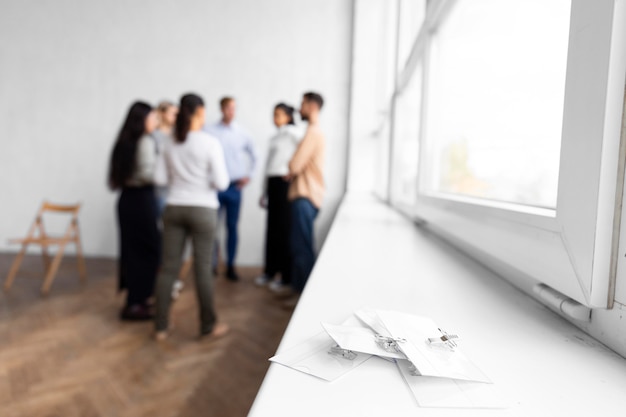 Name tags on windowsill at a group therapy session