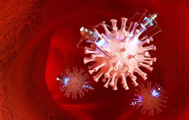 Foto gratuita i nanobot stanno distruggendo l'illustrazione 3d del coronavirus