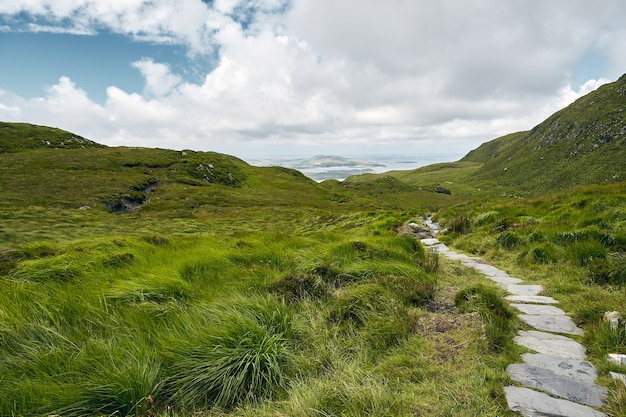 Narrow pathway in Connemara National Park in Ireland under a cloudy sky