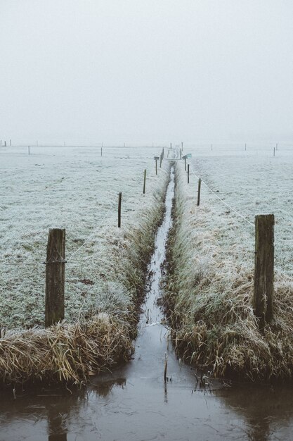 A narrow waterway in a foggy field