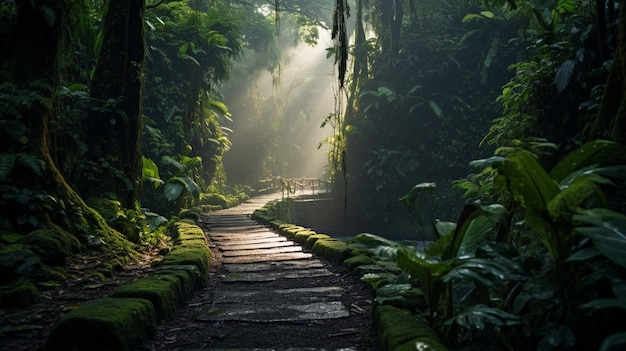 Free photo a narrow winding path through the jungle shrouded in mist with the promise of undiscovered wonders a