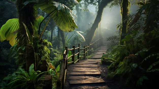 Free photo a narrow winding path through the jungle shrouded in mist with the promise of undiscovered wonders a