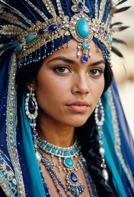 Native american girl with blue feathered headdress