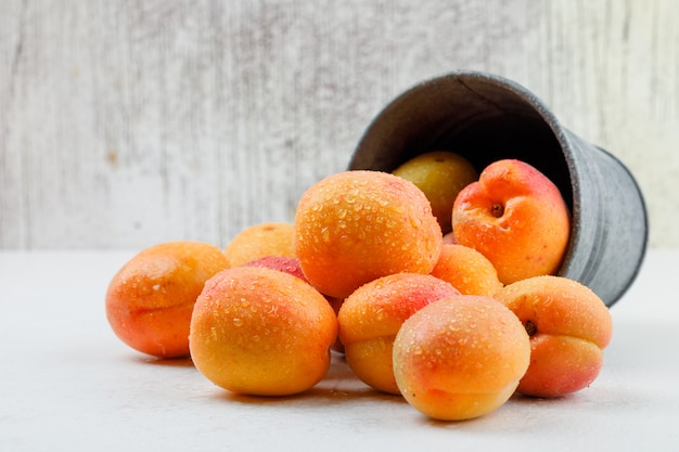 Natural apricots in a mini bucket. side view.