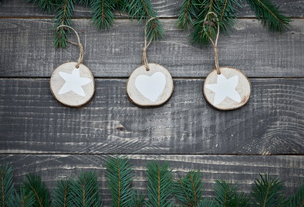 Natural christmas decorations on wood