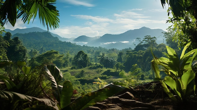 Foto gratuita una radura naturale nella giungla che rivela una vista panoramica mozzafiato di lontane catene montuose
