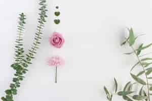 Free photo natural composition with two pink flowers and floral hearts