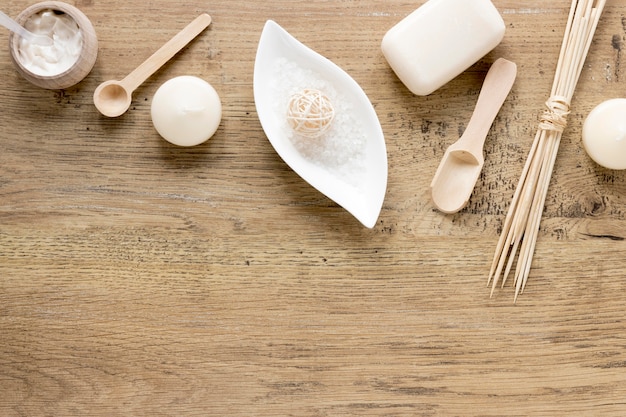 Natural cosmetics concept on wooden table