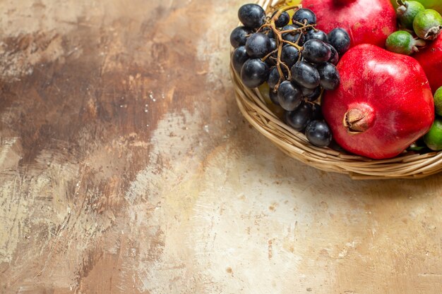 Natural and fresh various fruits in brown wooden pots