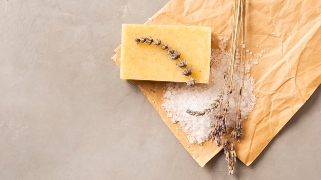 Natural handmade soap with salt and lavender top view