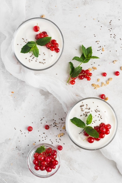 Natural healthy dessert in transparent glass flat lay