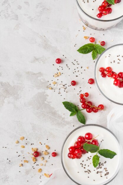 Natural healthy dessert in transparent glass top view