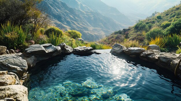岩と草木に囲まれた風光明媚な山岳地帯にある天然温泉プール