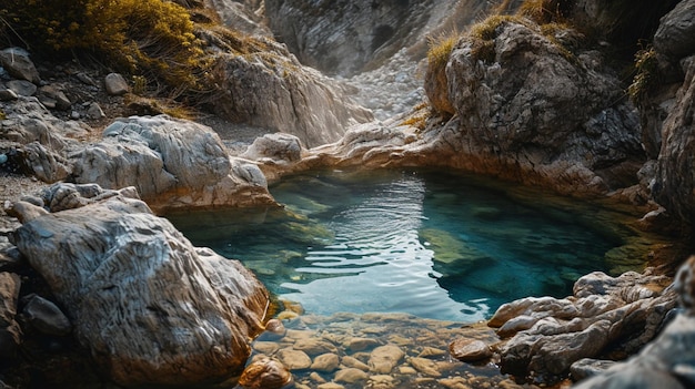 Una piscina termale naturale in uno scenografico ambiente montuoso abbracciato da rocce e vegetazione