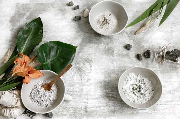 natural ingredients of powder consistency for making a mask for skin care, making a mask at home.