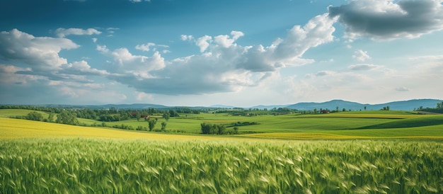 Природный ландшафт с полем зеленой травы из золотой спелой пшеницы, сгенерированное AI изображение