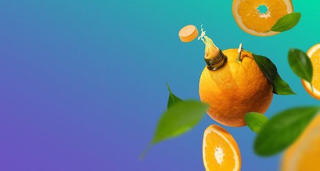 Natural orange juice and leaves arrangement