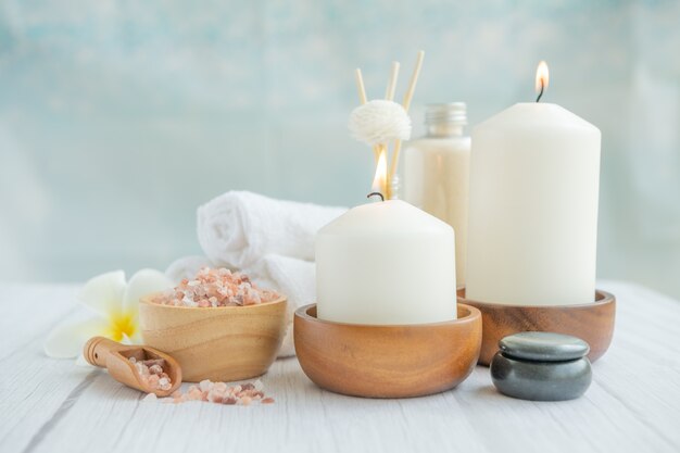 Natural relaxing spa composition on massage table in wellness center