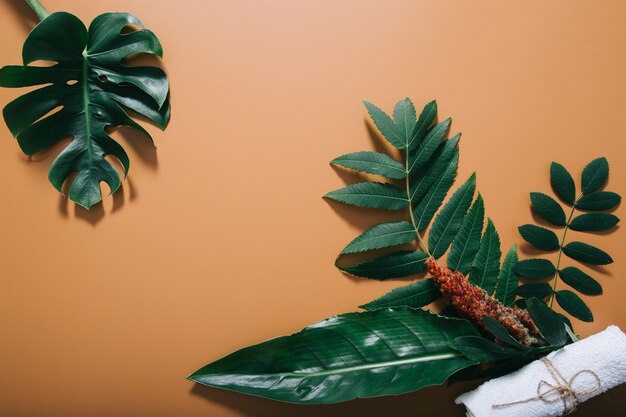 Natural spa framed by greens and towel on brown wall