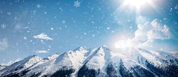 Natural winter christmas background with beautifull mount and  sky