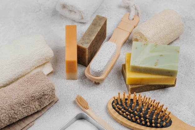 Natural wooden brushes and soaps high view