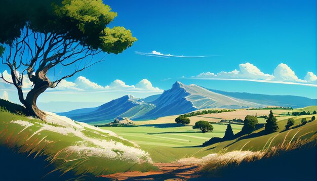 Nature Beauty Blue Sky and Green Landscape generative AI