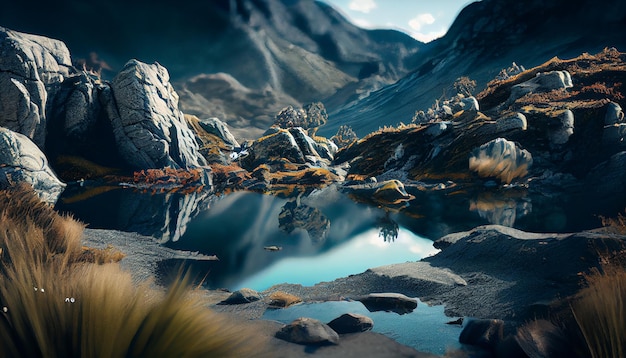자연의 아름다움이 포착한 고요한 장면 산봉우리 반사 생성 AI