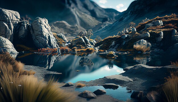 Nature beauty captured tranquil scene mountain peak reflection generative AI